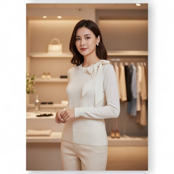 White House Black Market Womens Ivory Wool Blend Bow Neck Sweater Size S - Picture 2 of 5